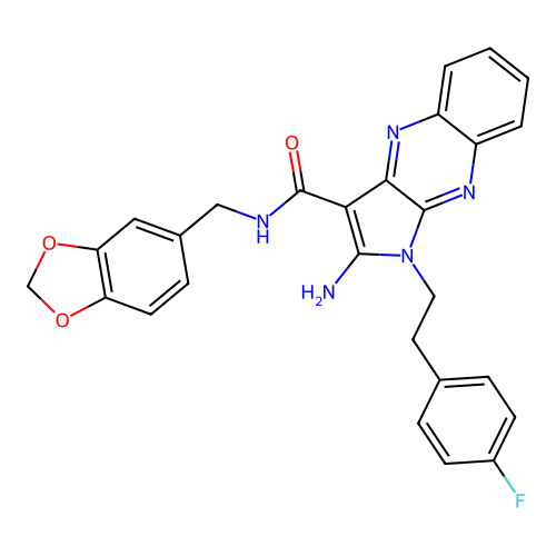 2-amino-N-(1,3-benzodioxol-5-ylmethyl)-1-[2-(4-fluorophenyl)ethyl]-1H-pyrrolo[2,3-b]quinoxaline-3-carboxamide structure