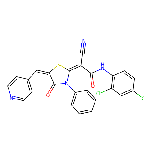 (E)-2-cyano-N-(2,4-dichlorophenyl)-2-((E)-4-oxo-3-phenyl-5-(pyridin-4-ylmethylene)thiazolidin-2-ylidene)acetamide structure