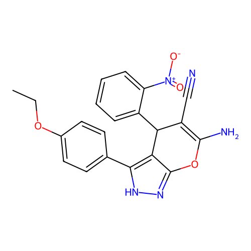 6-amino-3-(4-ethoxyphenyl)-4-(2-nitrophenyl)-1,4-dihydropyrano[2,3-c]pyrazole-5-carbonitrile structure