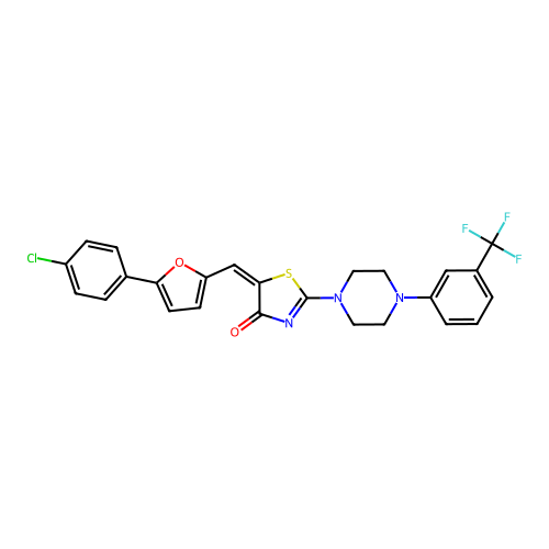 (5E)-5-[[5-(4-chlorophenyl)furan-2-yl]methylidene]-2-[4-[3-(trifluoromethyl)phenyl]piperazin-1-yl]-1,3-thiazol-4-one structure