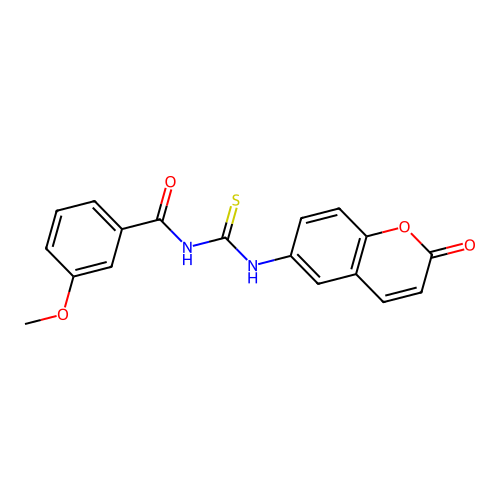 3-methoxy-N-[[(2-oxo-1-benzopyran-6-yl)amino]-sulfanylidenemethyl]benzamide structure