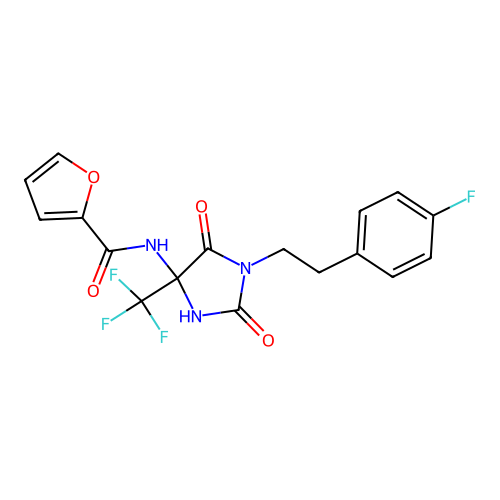 N-(1-(4-fluorophenethyl)-2,5-dioxo-4-(trifluoromethyl)imidazolidin-4-yl)furan-2-carboxamide structure