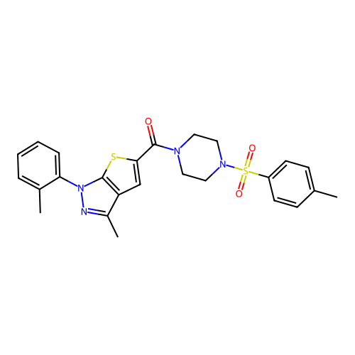 (3-methyl-1-(o-tolyl)-1H-thieno[2,3-c]pyrazol-5-yl)(4-tosylpiperazin-1-yl)methanone structure