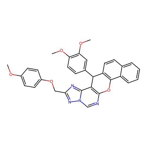14-(3,4-dimethoxyphenyl)-2-[(4-methoxyphenoxy)methyl]-14H-benzo[7,8]chromeno[3,2-e][1,2,4]triazolo[1,5-c]pyrimidine structure