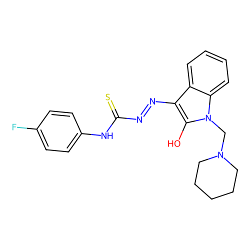 (2Z)-N-(4-fluorophenyl)-2-[2-oxo-1-(piperidin-1-ylmethyl)-1,2-dihydro-3H-indol-3-ylidene]hydrazinecarbothioamide structure