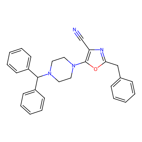 2-Benzyl-5-[4-(diphenylmethyl)piperazin-1-yl]-1,3-oxazole-4-carbonitrile structure