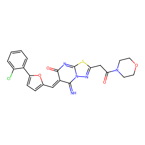 (6Z)-6-[[5-(2-chlorophenyl)furan-2-yl]methylidene]-5-imino-2-(2-morpholin-4-yl-2-oxoethyl)-[1,3,4]thiadiazolo[3,2-a]pyrimidin-7-one structure