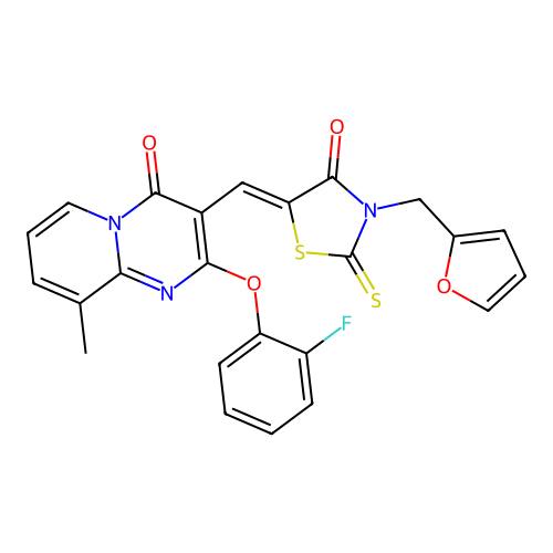 2-(2-fluorophenoxy)-3-{(Z)-[3-(furan-2-ylmethyl)-4-oxo-2-thioxo-1,3-thiazolidin-5-ylidene]methyl}-9-methyl-4H-pyrido[1,2-a]pyrimidin-4-one structure