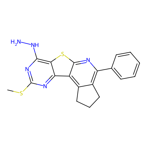 7-hydrazinyl-9-(methylsulfanyl)-4-phenyl-2,3-dihydro-1H-cyclopenta[4',5']pyrido[3',2':4,5]thieno[3,2-d]pyrimidine structure