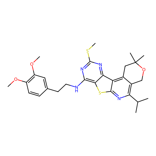 N-(3,4-dimethoxyphenethyl)-5-isopropyl-2,2-dimethyl-10-(methylthio)-2,4-dihydro-1H-pyrano[4'',3'':4',5']pyrido[3',2':4,5]thieno[3,2-d]pyrimidin-8-amine structure