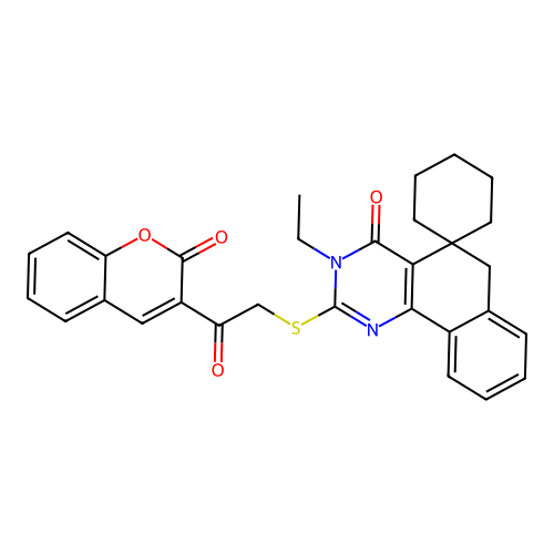 3-ethyl-2-((2-oxo-2-(2-oxo-2H-chromen-3-yl)ethyl)thio)-3H-spiro[benzo[h]quinazoline-5,1'-cyclohexan]-4(6H)-one structure
