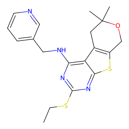 2-(ethylsulfanyl)-6,6-dimethyl-N-(pyridin-3-ylmethyl)-5,8-dihydro-6H-pyrano[4',3':4,5]thieno[2,3-d]pyrimidin-4-amine structure
