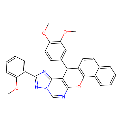 14-(3,4-dimethoxyphenyl)-2-(2-methoxyphenyl)-14H-benzo[7,8]chromeno[3,2-e][1,2,4]triazolo[1,5-c]pyrimidine structure
