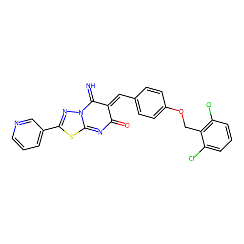 (6Z)-6-[[4-[(2,6-dichlorophenyl)methoxy]phenyl]methylidene]-5-imino-2-pyridin-3-yl-[1,3,4]thiadiazolo[3,2-a]pyrimidin-7-one structure