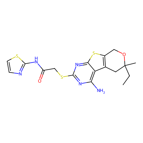 2-((4-amino-6-ethyl-6-methyl-6,8-dihydro-5H-pyrano[4',3':4,5]thieno[2,3-d]pyrimidin-2-yl)thio)-N-(thiazol-2-yl)acetamide structure