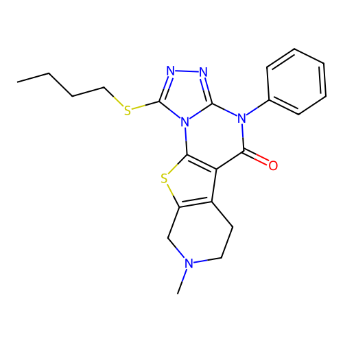 1-(butylsulfanyl)-8-methyl-4-phenyl-6,7,8,9-tetrahydropyrido[4',3':4,5]thieno[3,2-e][1,2,4]triazolo[4,3-a]pyrimidin-5(4H)-one structure