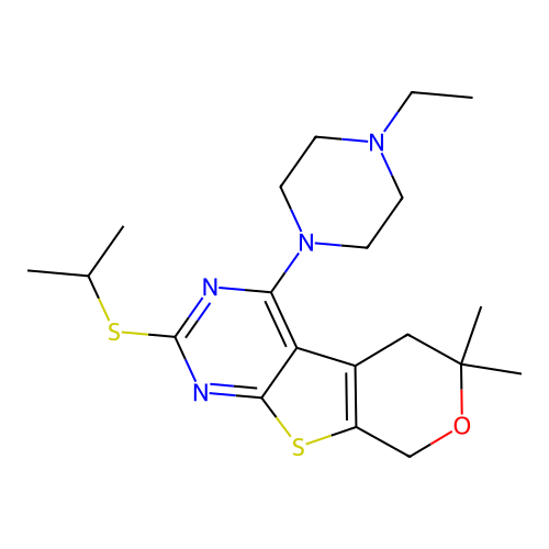 4-(4-ethylpiperazin-1-yl)-2-(isopropylthio)-6,6-dimethyl-6,8-dihydro-5H-pyrano[4',3':4,5]thieno[2,3-d]pyrimidine structure