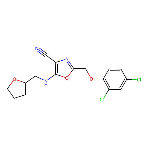 2-[(2,4-dichlorophenoxy)methyl]-5-[(tetrahydrofuran-2-ylmethyl)amino]-1,3-oxazole-4-carbonitrile structure