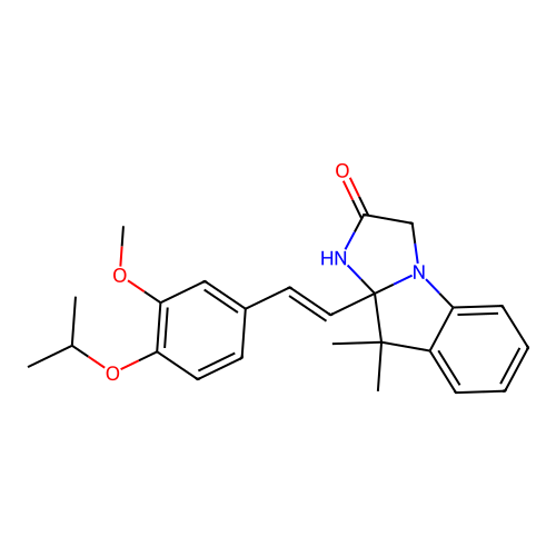 (E)-9a-(4-isopropoxy-3-methoxystyryl)-9,9-dimethyl-9,9a-dihydro-1H-imidazo[1,2-a]indol-2(3H)-one structure