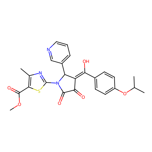 methyl 2-[4-[hydroxy-(4-propan-2-yloxyphenyl)methylidene]-2,3-dioxo-5-pyridin-3-ylpyrrolidin-1-yl]-4-methyl-1,3-thiazole-5-carboxylate structure