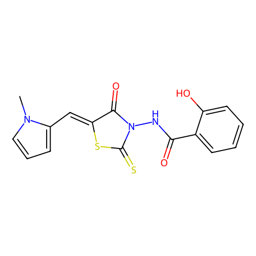 2-hydroxy-N-[(5Z)-5-[(1-methylpyrrol-2-yl)methylidene]-4-oxo-2-sulfanylidene-1,3-thiazolidin-3-yl]benzamide structure