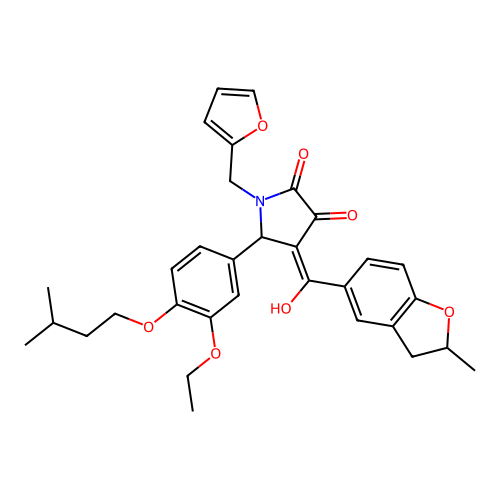 (4E)-5-[3-ethoxy-4-(3-methylbutoxy)phenyl]-1-(furan-2-ylmethyl)-4-[hydroxy(2-methyl-2,3-dihydro-1-benzofuran-5-yl)methylidene]pyrrolidine-2,3-dione structure