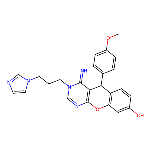 3-(3-imidazol-1-ylpropyl)-4-imino-5-(4-methoxyphenyl)-5H-chromeno[2,3-d]pyrimidin-8-ol structure