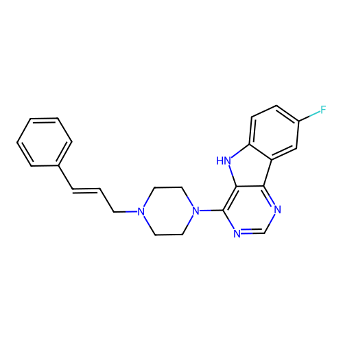 (E)-4-(4-cinnamylpiperazin-1-yl)-8-fluoro-5H-pyrimido[5,4-b]indole structure