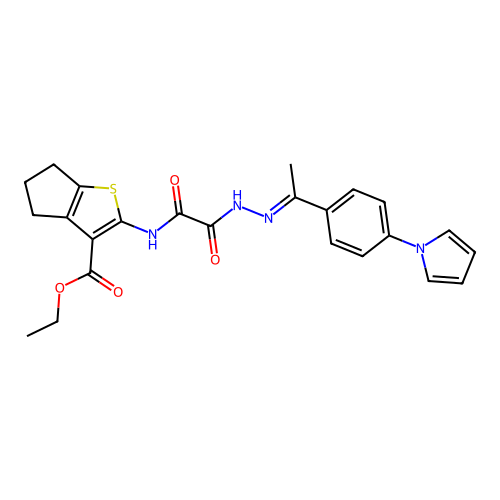 (E)-ethyl 2-(2-(2-(1-(4-(1H-pyrrol-1-yl)phenyl)ethylidene)hydrazinyl)-2-oxoacetamido)-5,6-dihydro-4H-cyclopenta[b]thiophene-3-carboxylate structure