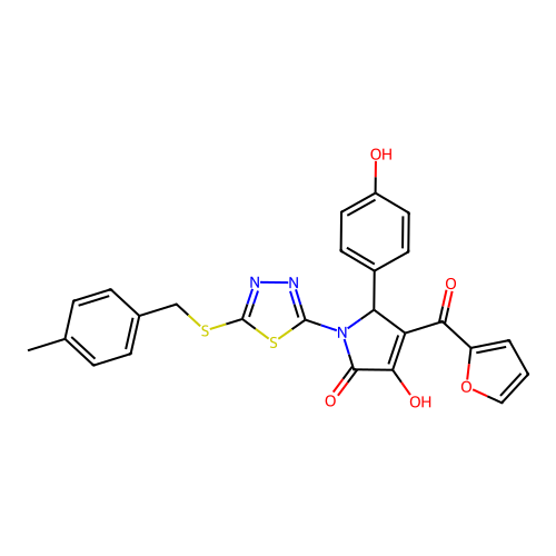(4E)-4-[furan-2-yl(hydroxy)methylidene]-5-(4-hydroxyphenyl)-1-{5-[(4-methylbenzyl)sulfanyl]-1,3,4-thiadiazol-2-yl}pyrrolidine-2,3-dione structure