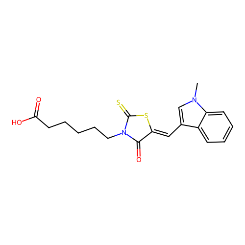 6-{(5Z)-5-[(1-methyl-1H-indol-3-yl)methylidene]-4-oxo-2-thioxo-1,3-thiazolidin-3-yl}hexanoic acid structure