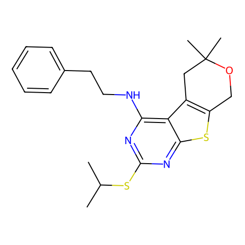 2-(isopropylthio)-6,6-dimethyl-N-phenethyl-6,8-dihydro-5H-pyrano[4',3':4,5]thieno[2,3-d]pyrimidin-4-amine structure