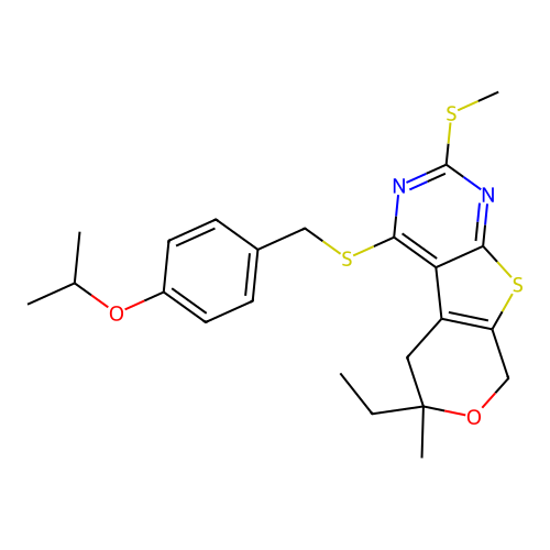 6-ethyl-6-methyl-2-(methylsulfanyl)-4-{[4-(propan-2-yloxy)benzyl]sulfanyl}-5,8-dihydro-6H-pyrano[4',3':4,5]thieno[2,3-d]pyrimidine structure