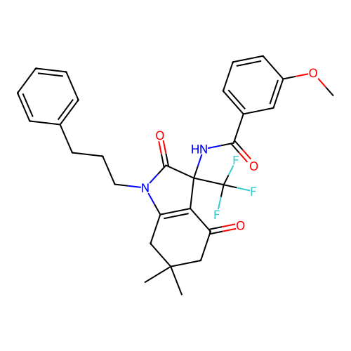N-(6,6-dimethyl-2,4-dioxo-1-(3-phenylpropyl)-3-(trifluoromethyl)-2,3,4,5,6,7-hexahydro-1H-indol-3-yl)-3-methoxybenzamide structure
