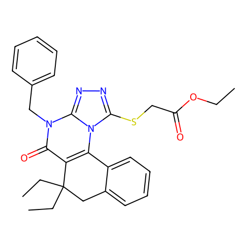 ethyl [(4-benzyl-6,6-diethyl-5-oxo-4,5,6,7-tetrahydrobenzo[h][1,2,4]triazolo[4,3-a]quinazolin-1-yl)sulfanyl]acetate structure