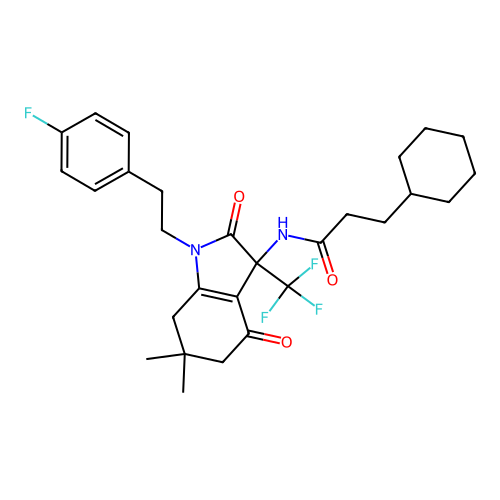 3-cyclohexyl-N-(1-(4-fluorophenethyl)-6,6-dimethyl-2,4-dioxo-3-(trifluoromethyl)-2,3,4,5,6,7-hexahydro-1H-indol-3-yl)propanamide structure