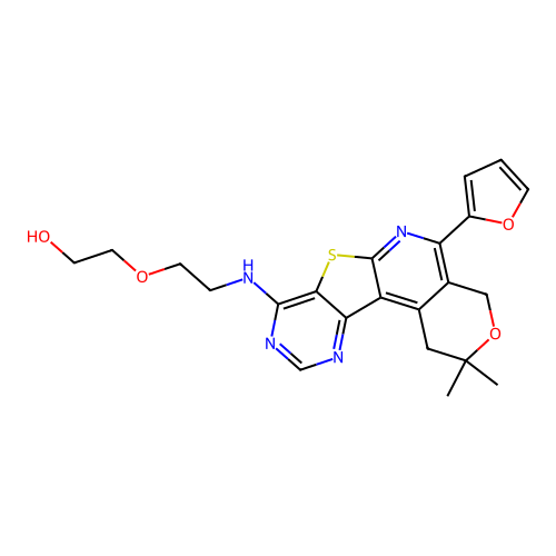 2-(2-((5-(furan-2-yl)-2,2-dimethyl-2,4-dihydro-1H-pyrano[4'',3'':4',5']pyrido[3',2':4,5]thieno[3,2-d]pyrimidin-8-yl)amino)ethoxy)ethanol structure