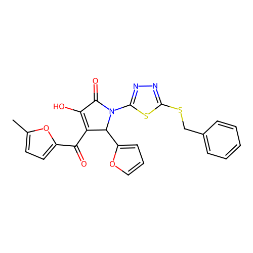 (4E)-1-[5-(benzylsulfanyl)-1,3,4-thiadiazol-2-yl]-5-(furan-2-yl)-4-[hydroxy(5-methylfuran-2-yl)methylidene]pyrrolidine-2,3-dione structure