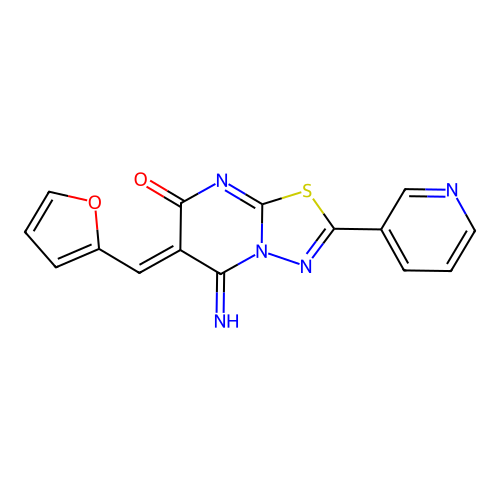 (6Z)-6-(furan-2-ylmethylidene)-5-imino-2-(pyridin-3-yl)-5,6-dihydro-7H-[1,3,4]thiadiazolo[3,2-a]pyrimidin-7-one structure
