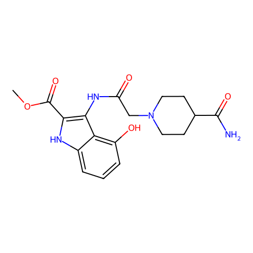 methyl 3-(2-(4-carbamoylpiperidin-1-yl)acetamido)-4-hydroxy-1H-indole-2-carboxylate structure