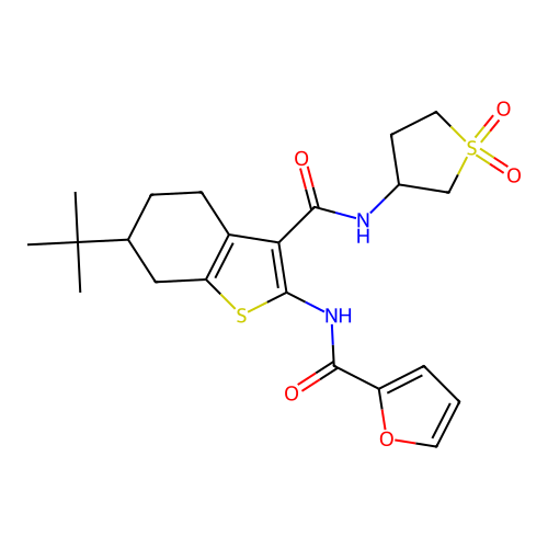 N-{6-tert-butyl-3-[(1,1-dioxidotetrahydrothiophen-3-yl)carbamoyl]-4,5,6,7-tetrahydro-1-benzothiophen-2-yl}furan-2-carboxamide structure