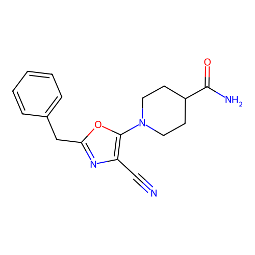 1-(2-Benzyl-4-cyano-1,3-oxazol-5-yl)piperidine-4-carboxamide structure