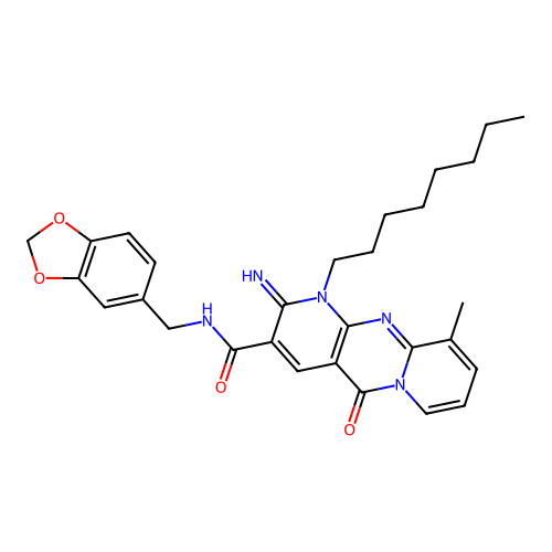 N-(1,3-benzodioxol-5-ylmethyl)-2-imino-10-methyl-1-octyl-5-oxo-1,5-dihydro-2H-dipyrido[1,2-a:2',3'-d]pyrimidine-3-carboxamide structure