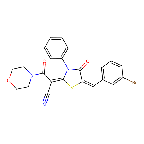 (E)-2-((E)-5-(3-bromobenzylidene)-4-oxo-3-phenylthiazolidin-2-ylidene)-3-morpholino-3-oxopropanenitrile structure
