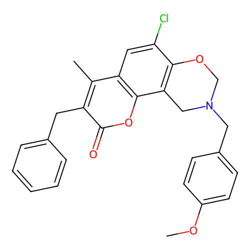 3-benzyl-6-chloro-9-(4-methoxybenzyl)-4-methyl-9,10-dihydro-2H,8H-chromeno[8,7-e][1,3]oxazin-2-one structure