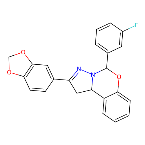 2-(1,3-benzodioxol-5-yl)-5-(3-fluorophenyl)-1,10b-dihydropyrazolo[1,5-c][1,3]benzoxazine structure