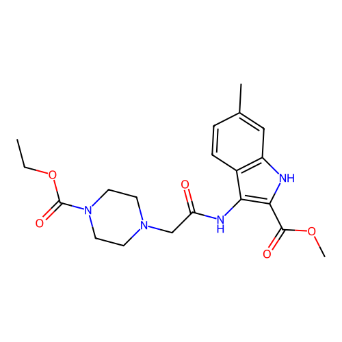 methyl 3-(2-(4-(ethoxycarbonyl)piperazin-1-yl)acetamido)-6-methyl-1H-indole-2-carboxylate structure