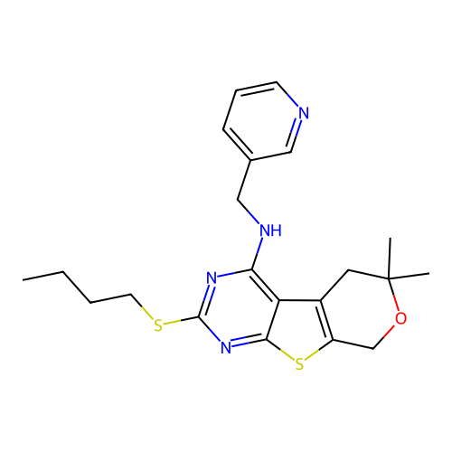 2-(butylsulfanyl)-6,6-dimethyl-N-(pyridin-3-ylmethyl)-5,8-dihydro-6H-pyrano[4',3':4,5]thieno[2,3-d]pyrimidin-4-amine structure
