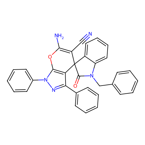 6'-amino-1-benzyl-2-oxo-1',3'-diphenyl-1'H-spiro[indoline-3,4'-pyrano[2,3-c]pyrazole]-5'-carbonitrile structure