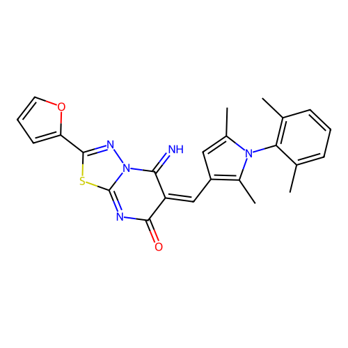 (E)-6-((1-(2,6-dimethylphenyl)-2,5-dimethyl-1H-pyrrol-3-yl)methylene)-2-(furan-2-yl)-5-imino-5H-[1,3,4]thiadiazolo[3,2-a]pyrimidin-7(6H)-one structure
